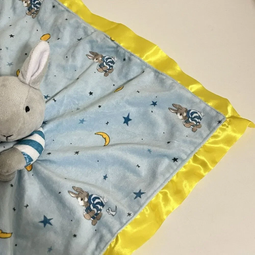 Goodnight Moon Bunny Security Blanket Lovey Lovie Blankie Blue Satin Trim